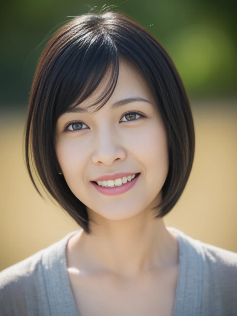 portrait, 8K, high quality, realistic photo image, 39 years old, Japan woman, neat and clean wife, small, housewife, reproduce natural and realistic eyes, Japan person stand, small, beautiful black hair, short hair, light makeup, octane rendering, beautiful lighting, golden ratio composition, smile, everyday wear, casual clothes, natural background, blurred background, 4k, high quality, realistic photo image, Japan woman, 37 years old, pure Japan face, lovely wife, upper body, small breasts, light makeup, suppin, neat beauty, mature woman, sober clothes, gray, beige, blue, sober, casual attire, smile, black hair, small black eyes, background blur