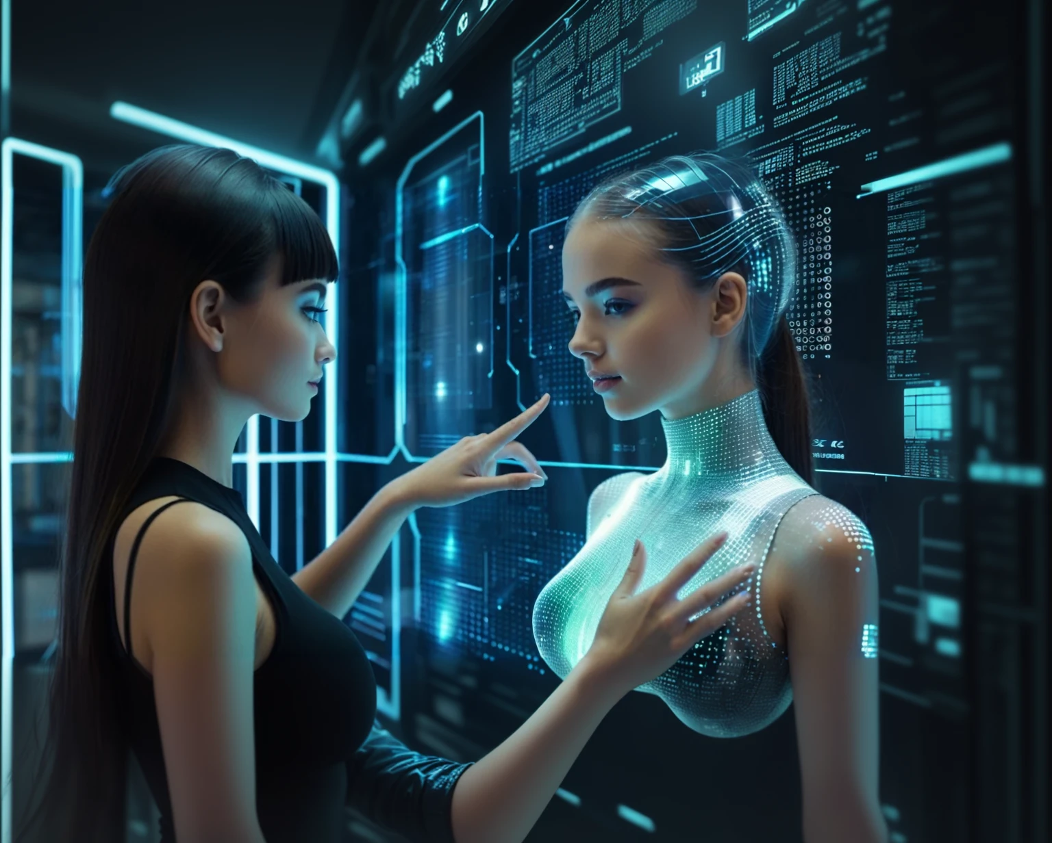 futuristic electronics background, matrix number background, beautiful girl and holographic girl touching finger each other