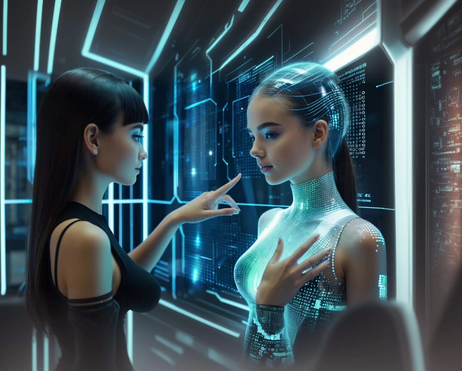 futuristic electronics background, matrix number background, beautiful girl and holographic girl touching finger each other