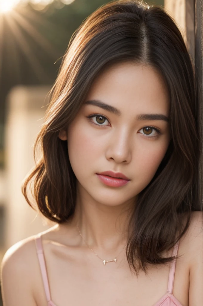 Create a (( mid-shot )) photorealistic image of a beautiful Asian woman with fair, smooth, flawless skin. She has large, round, sparkling eyes with naturally long and curled eyelashes, and well-defined, dark eyebrows. Her nose is straight and high, and her naturally pink, soft lips form a gentle smile. She has short, slightly curled brown hair that highlights her delicate facial features. Her face is oval-shaped, with a wide and high forehead, moderately high cheekbones, and a pointed, slender chin. (( waist to top)) ((,She is wearing a shirt slender shoulders with (((.bralette trap))), simple necklace , highlighted by the rays of light creating a radiant effect on her skin. , mid-shot , light rays, warm atmosphere ,))
