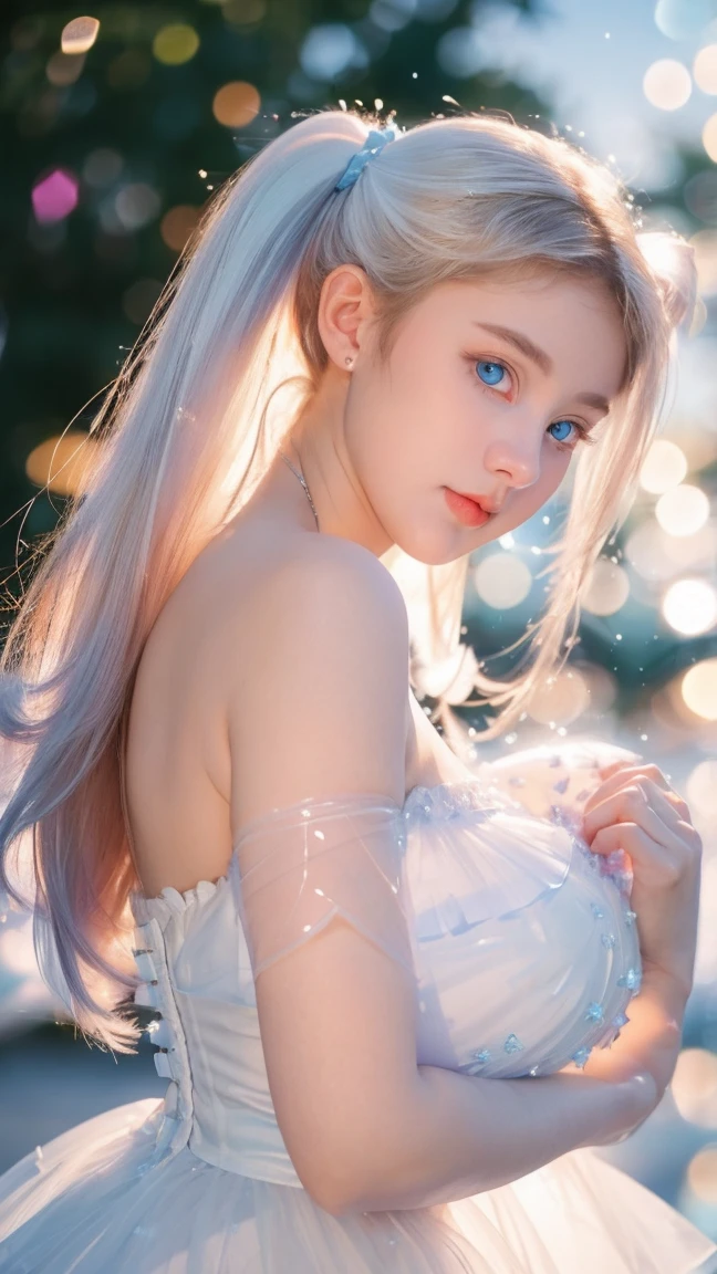 Georgeous, Beautiful, Cute, , 18 Years Old, Whitkin, Cleavage, ((Colossal Breast:1.3)), Sleeveless, Off Shoulder, Strapless, ((Transparent:1.3)), ((White Long Lolita Dress)), (Embroidery), Posing With Big Fluffy Cat, ((Bright Blue Eye)), ((Muscles:1.3)), ((Bokeh:1.3)), Animal Farmer Background, Masterpiece, Twintails