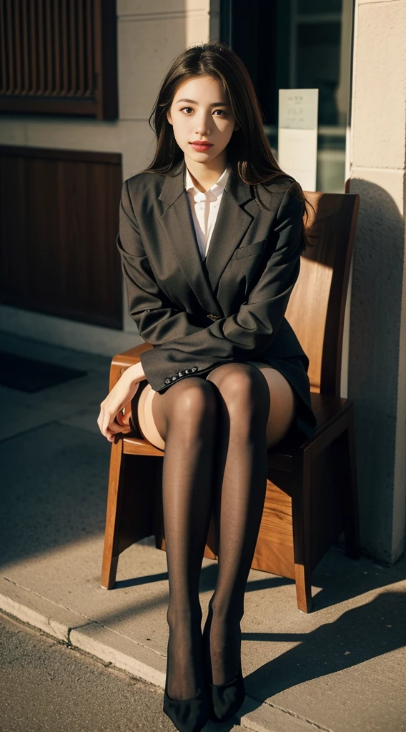 Best quality, Full body portrait, Delicate face, Pretty face, 16yo woman, Slim figure, Large bust, office lady uniform, office clothes, Sepia stockings, No shoes, Outdoor scene, Position to sit on the floor