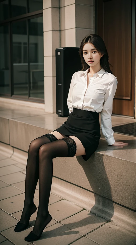 Best quality, Full body portrait, Delicate face, Pretty face, 16yo woman, Slim figure, Large bust, office lady uniform, office clothes, Sepia stockings, No shoes, Outdoor scene, Position to sit on the floor