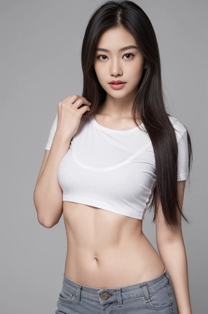(colored picture), Photo realistic of beautiful asian、slender abs, (Highlight Haircutreast B Cup:1.2), medium breast, round shape breast, perfect shape breast,(( )),((wearing T-shirt, underwear outline ), (()), As she confidently posing for camera, , studio light, gray background, full body