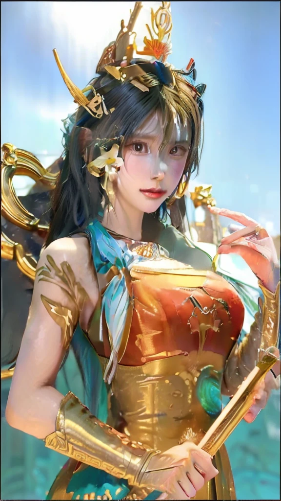 a woman in a golden dress holding a sword and wearing a crown, digital art inspired by Lan Ying, Artstation, fantasy art, queen of the sea mu yanling, yun ling, a beautiful fantasy empress, portrait of modern darna, goddess of beauty, ig model | artgerm, artgerm lau 