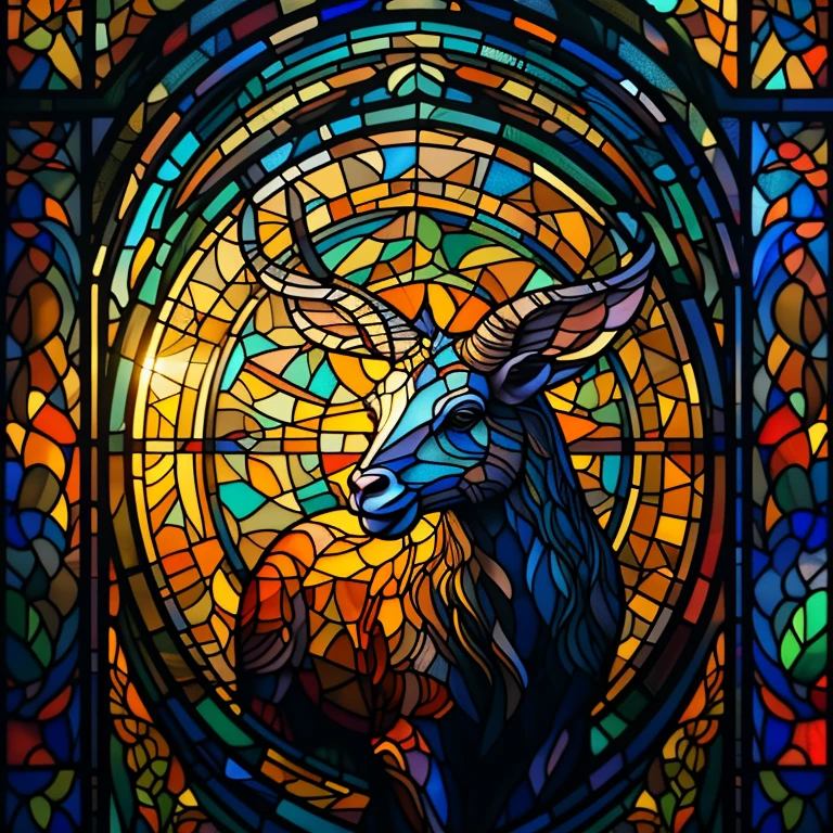 (best quality, 4k, 8k, high resolution, masterpiece: 1.2), ultra detailed, (realistic, photorealistic, photorealistic: 1.37), colorful stained glass, figure of a lamb in the center; the lamb is lying on its right side; he has his head up; There is a crown of thorns on his left side; The crown of thorns has blood on the thorns; Luminous colors, vibrant tones, fine details, glass texture, light shining through the window, divine atmosphere, shadows and reflections, artistic interpretation, stained glass art; richly detailed design, dazzling visual impact, traditional craftsmanship, meticulous craftsmanship, fascinating patterns, translucent beauty, varied color palette, illuminated artworks, serene ambiance, subtle gradations, brilliant luminosity, intricate motifs, captivating art, divine light, relaxing tranquility ,elegant contours, dynamic composition, harmonious balance, emotional depth, symbolic representation, impressive spectacle, peaceful contemplation.