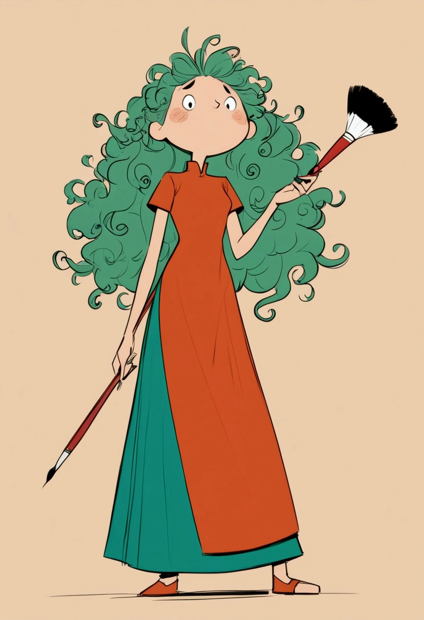 (((Exaggerated digital character sketches:1.37))).(1 Girl，cheongsam，Solitary，Fluffy curly hair，(Exaggerated expression,)，(Black sketch lines，Loose brushstrokes create the outline，Cartoon Style. Bright colors and simplified lines, sketch)。(Exaggerated body movements，holding a paintbrush in his hand),(Large area of blank）
