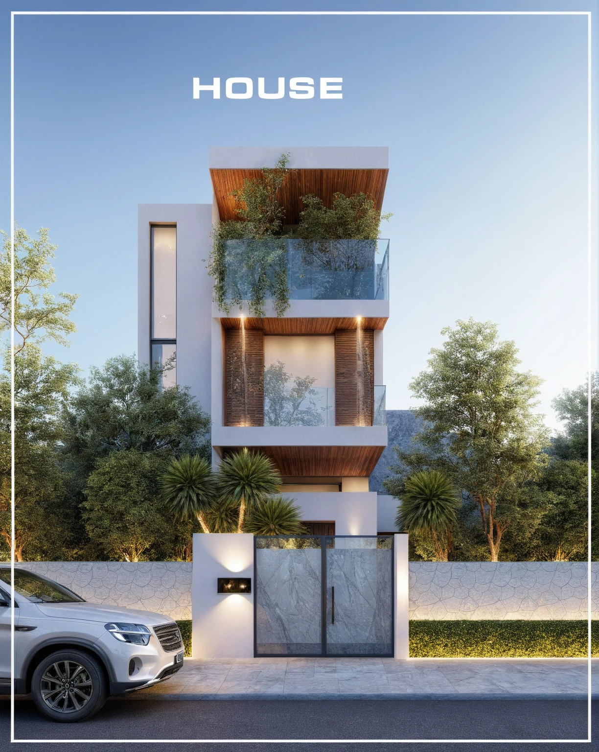 (Description of the first floor, ((white wall:1.2) mix design (Black aluminum brace separates villa floors)), Design the complete modern villa facade layout from a two-point perspective, glass railing, and additional black marble map, (LED aluminum bar lights installed in ceiling and ceiling for exterior design), (2-sided spotlight for exterior design on the fence and door of the house), lighting steps leading up to planting flowers), modern villa design, streets, roads, first-floor commerce, vehicles, pedestrians, busy streets, Photorealism, masterpiece, Hyperrealistic, best quality, perspective, volumetric lighting, natural light, three-stage building, dawn light, movie light, (Neutral lighting is suitable for the Building, light color thermometer lighting), (architectural design visualization), (reflection), (focus on object), (material normal bump real reflection), (scattered light), (light ray), (multi-beam light), (sunbeam) (multi-level reflection), (chao vantage software visualization render), (((Best Quality))), ((Masterpiece)), ((best illustration)), ((best shadows)), (( Super Detail)), (Intricate lines), (Photorealism),(hyper detail), ((archdaily)), ((award winning design)), (dynamic light), ((spotlight)), (perfect light), ( shimering light), ((photorealistic)), ((intricate detail)), ((extreme detail)), ((crazy detail)), ((octane render)), ((trending on artstation)), ((High- fidelity)), ((Viwvid)), ((Crisp)), ((Bright)), ((Stunning)), ((Eye-catching)), ((High-quality)),((Sharp)), ((day sun environment)), ((Illuminating)), ((Flawless)), ((High-quality)),((Sharp edge render)), ((medium soft lighting)), ((photographic render)) , ((detailed archviz)), ((reality environment))