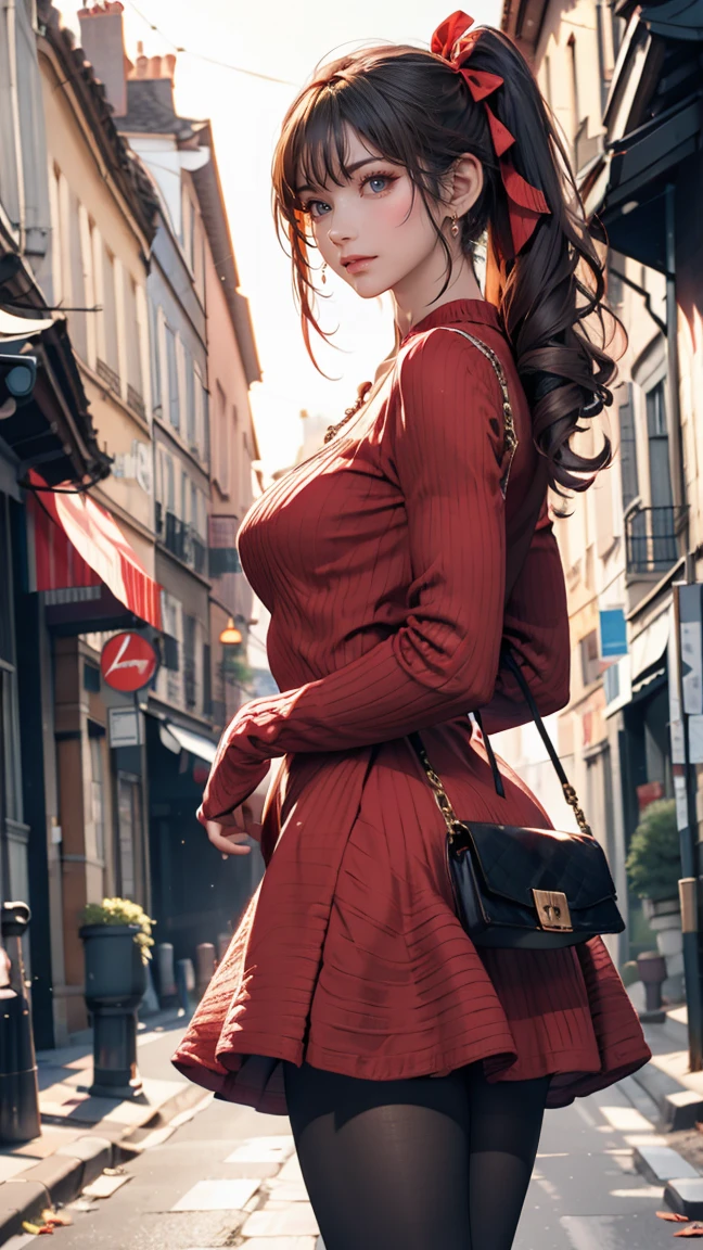 24-year-old female、Sexy proportions、Sexy、Long eyelashes、Narrow waist、Side Ponytail((side ponytail))、hair band((hair ribbon))、Red hair、Textured skin((textured skin))、Red knit dress((knit dress))、Exposed thighs、Stiletto heels、Clutch bags、Paris alley background in france