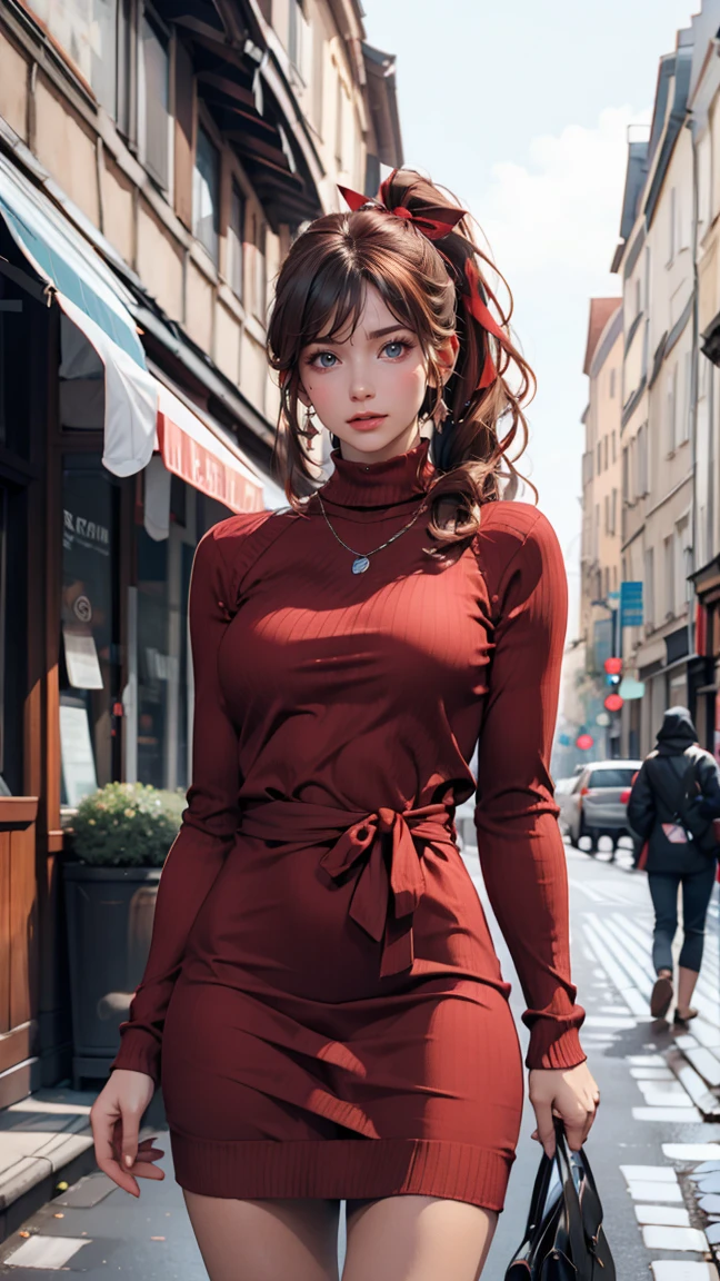 24-year-old female、Sexy proportions、Sexy、Long eyelashes、Narrow waist、Side Ponytail((side ponytail))、hair band((hair ribbon))、Red hair、Textured skin((textured skin))、Red knit dress((knit dress))、Exposed thighs、Stiletto heels、Clutch bags、Paris alley background in france