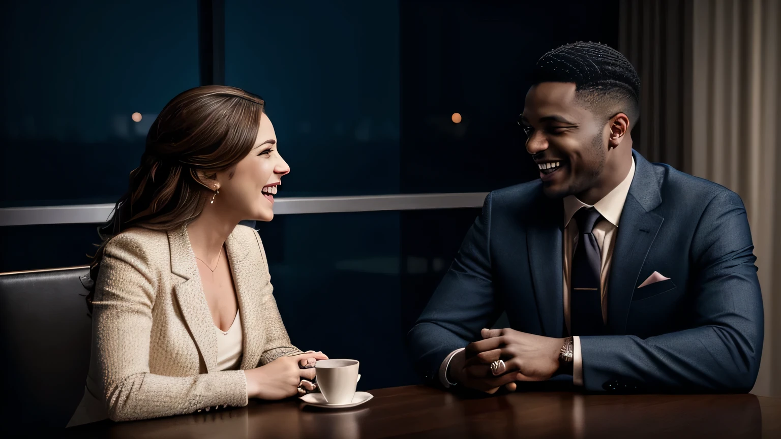 a well-dressed man and woman conversing, both are laughing to each other, dramatic lighting, photorealistic, cinematic, intricate details, masterpiece