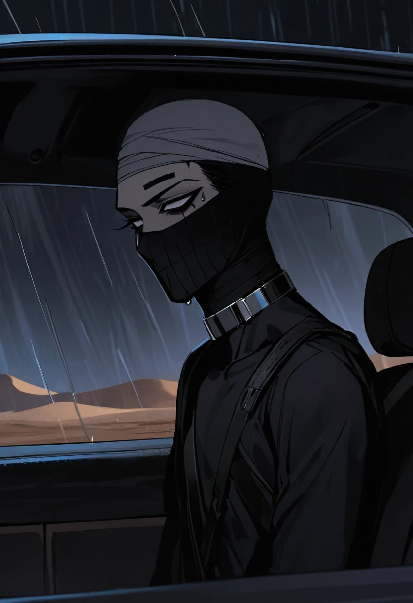Male arab modern terrorist, terrorist, black balaclava, black bandage, black clothes, thin waist, skinny body, femboy, light skin, makeup, black eyeliner, big eyelashes, black eyeshadow, half open eyes, metal choker, inside the car, desert, night, rain 