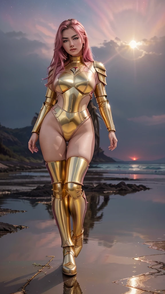 ((best quality)), ((masterpiece)), (ultra detailed lights), (((full body))), indonesian girl, extremely beautiful, ultra face details, 20 years old, ((pink curvy-hair)), ((hair blown by strong winds :1.3)), ((Award-winning photograph)), photography of a girl, slim face, extremely beautiful, ultra details skin, crisp picture, ((full make ups)), eyelashes, eyeshadow, gold retina, perfect eyes, ((pink blushing)), ((red lips)), ((wearing tight gold armor)), ((full body armor)), ((tight latex panty)), ((extreme armor reflection render)), no head cover, ((symmetrical body pose)), model posing in the middle, morning at beach, epic sun lights reflection, red clouds, nebula, ((aurora Borealis)), shooting stars, from below