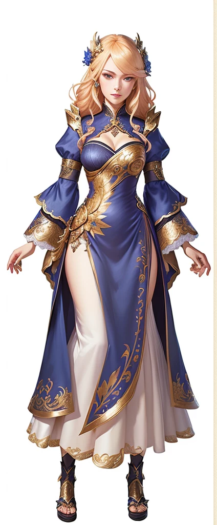 a woman in dress, ornate attire, genshin impact character, full body details, Jean from genshin impact, rpg portrait full body, cushart krenz key art feminine, full body sprite, full portrait of elementalist, taliyah, long dress, blond hair, blue eyes,