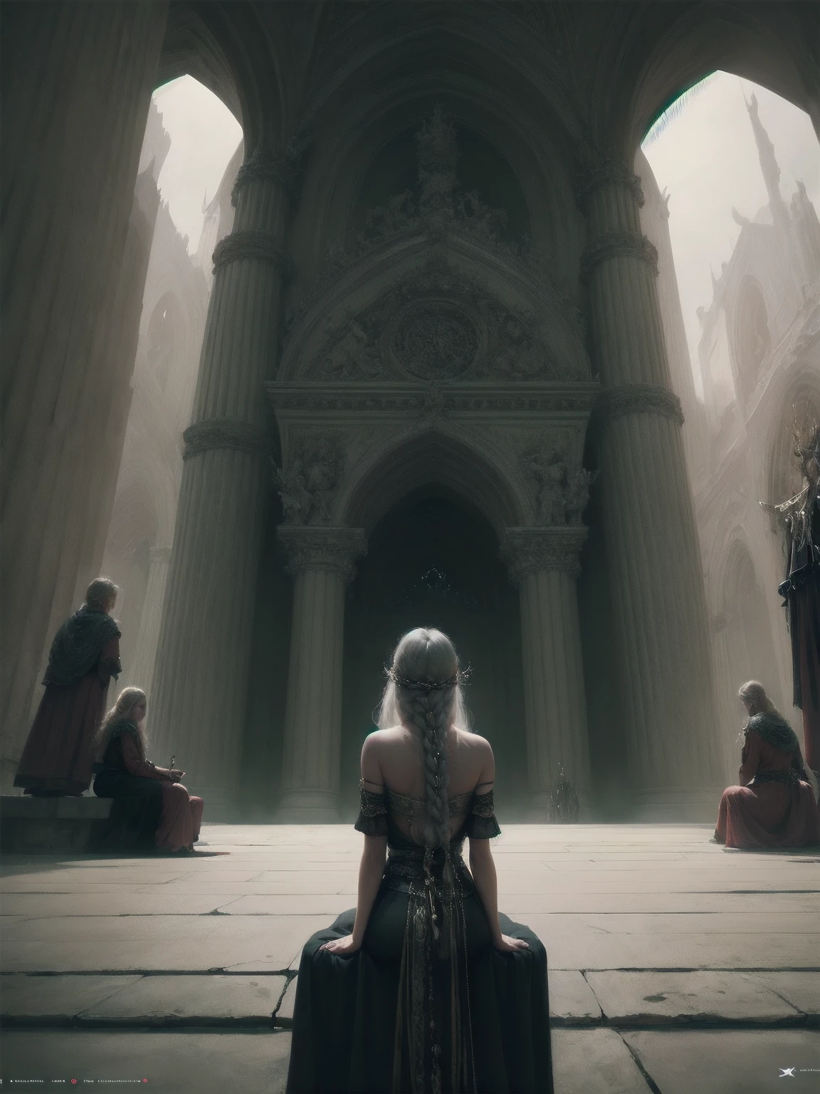 {-erro_de_anatomia:1.0} woman 30 years old, north,viking clothes, (nordic dress), dark castle, a woman (lagherta), very long blond hair (blond hair), (gray eyes) . Indifferent look , merciless. among the gods, dinamic poses, egoist smile, upper body, sitting, backwards, looking back