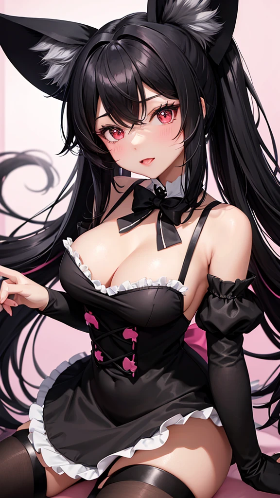 Black neko woman, wearing a black maid outfit with bows and decorations, has black hair with long messy fuzzy pink bows, has dark red eyes, has a large chest, has neko ears and a neko tail.