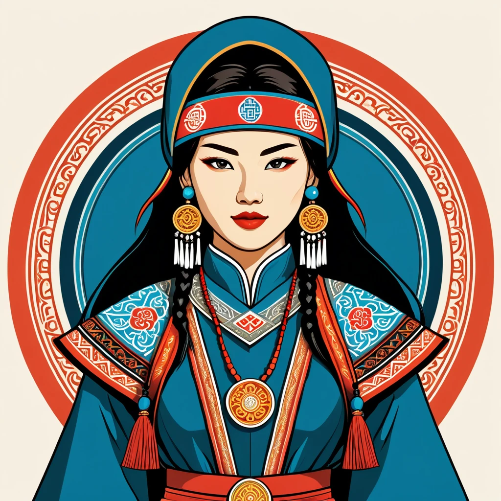female hacker in mongolian folk outfit, vector graphics, strong contours, logo design