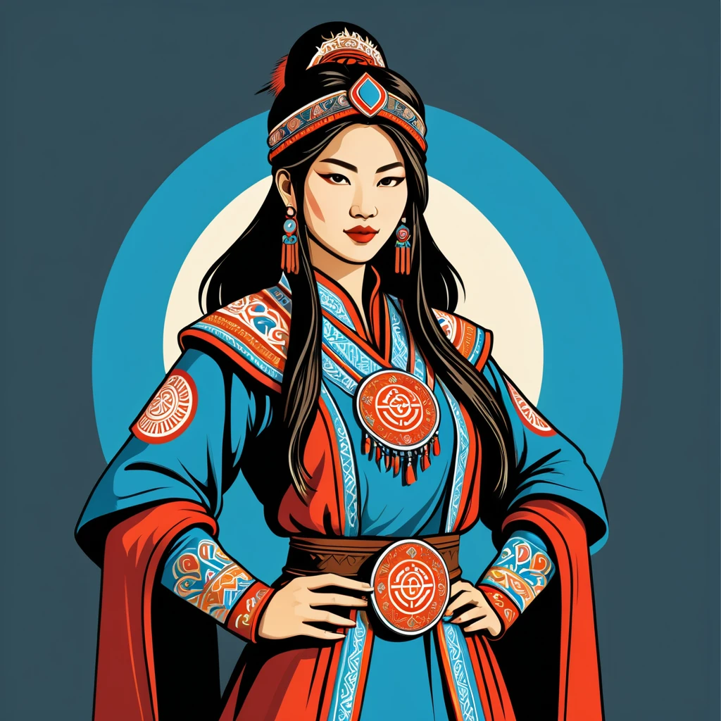 female hacker in mongolian folk outfit, vector graphics, strong contours, logo design
