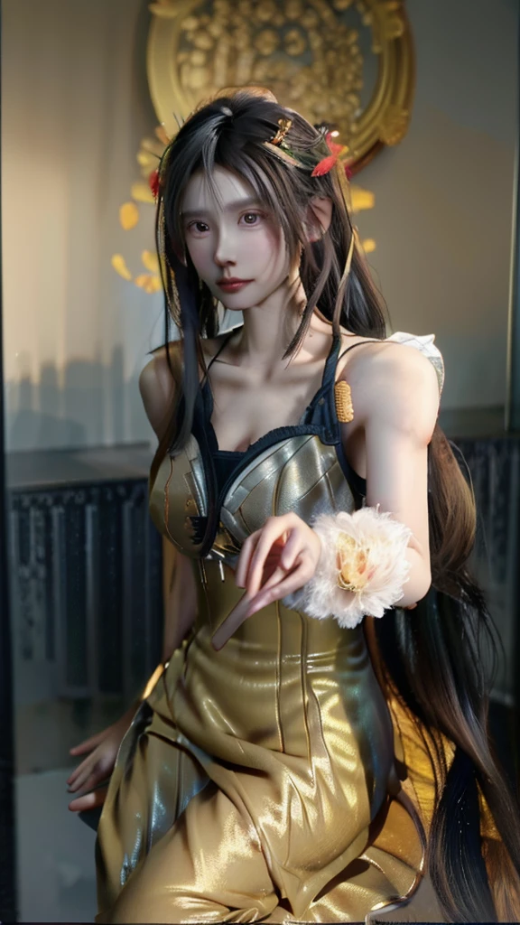 a woman in a golden dress holding a sword and wearing a crown, digital art inspired by Lan Ying, Artstation, fantasy art, queen of the sea mu yanling, yun ling, a beautiful fantasy empress, portrait of modern darna, goddess of beauty, ig model | artgerm, artgerm lau
