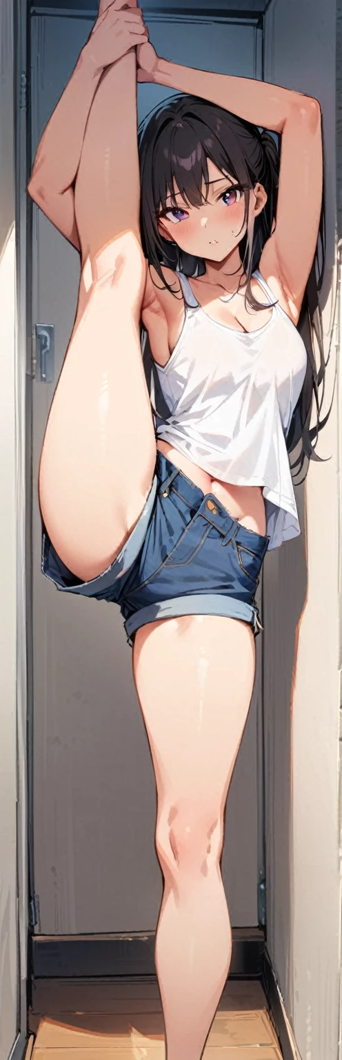 (masterpiece, Highest quality:1.2), One girl, alone,Are standing_Split, 
Long Hair, White sleeveless tank top，Blue Denim Shorts