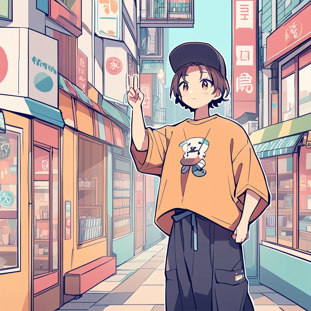 Create a detailed anime illustration of a boy with short hair standing in a vibrant, bustling urban street. He should be dressed in casual streetwear: a baseball cap, baggy pants, and a graphic t-shirt. The boy is holding up a peace sign with his right hand, his expression calm and slightly neutral. Use a two-tone pastel background to highlight the modern street scene, featuring various signs in Japanese, colorful storefronts, and a generally busy atmosphere.