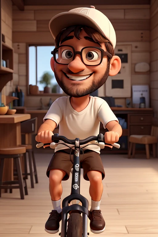 a photo of vini tess, a 38 year old man, happy and smiling, white, wearing a cap, brown eyes, glasses, bearded, black shirt, brown shorts, riding a bicycle