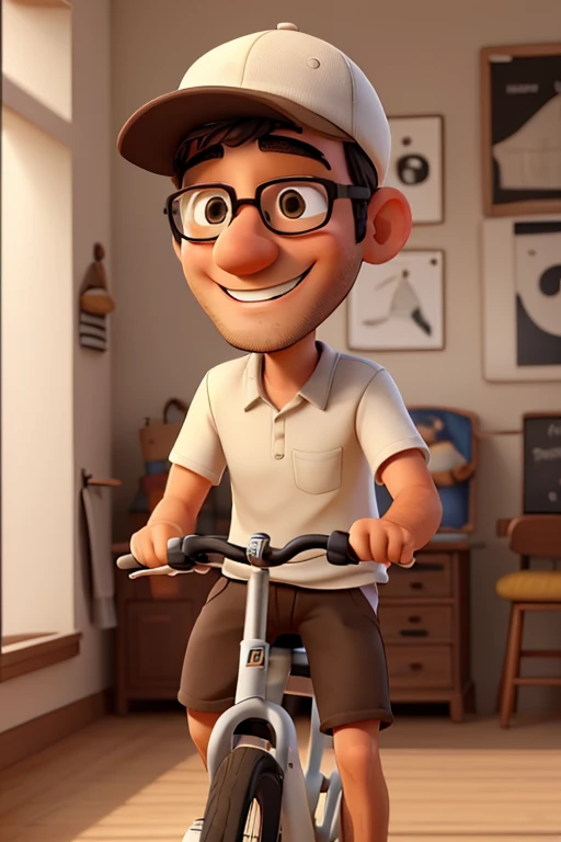 a photo of vini tess, a 38 year old man, happy and smiling, white, wearing a cap, brown eyes, glasses, bearded, black shirt, brown shorts, riding a bicycle