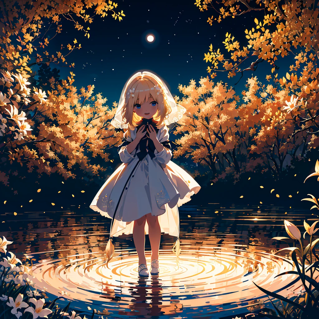 (Masterpiece, 8k wallpaper, highest quality), (best lighting, best shadows, very delicate and beautiful), Detailed anime style illustration of two girls with long blonde hair. One in blue, the other in red, dancing happily under an umbrella. 7 year old girl (young age: 1.9), beautiful night sky. The light of the stars and moon falls on the girls, and a large white circle surrounds them, symbolizing their unity in the beauty of nature. The white lilies blooming around it create a calm atmosphere. Two lovers, delicate shading gives depth to their expressions, two people, lily, facing each other, red eyes, blue eyes, blonde hair, open mouth, smiling,