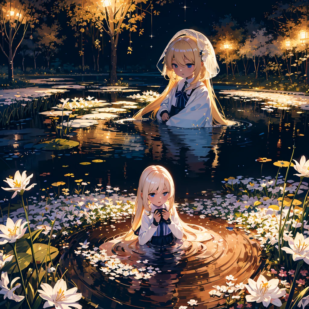 (Masterpiece, 8k wallpaper, highest quality), (best lighting, best shadows, very delicate and beautiful), Detailed anime style illustration of two girls with long blonde hair. One in blue, the other in red, dancing happily under an umbrella. 7 year old girl (young age: 1.9), beautiful night sky. The light of the stars and moon falls on the girls, and a large white circle surrounds them, symbolizing their unity in the beauty of nature. The white lilies blooming around it create a calm atmosphere. Two lovers, delicate shading gives depth to their expressions, two people, lily, facing each other, red eyes, blue eyes, blonde hair, open mouth, smiling,