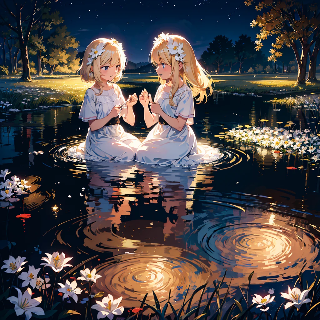 (Masterpiece, 8k wallpaper, highest quality), (best lighting, best shadows, very delicate and beautiful), Detailed anime style illustration of two girls with long blonde hair. One in blue, the other in red, dancing happily under an umbrella. 7  girl (young age: 1.9beautiful night sky. The light of the stars and moon falls on the girls, and a large white circle surrounds them, symbolizing their unity in the beauty of nature. The white lilies blooming around it create a calm atmosphere. Two lovers, delicate shading gives depth to their expressions, two people, lily, facing each other, red eyes, blue eyes, blonde hair, open mouth, smiling,

