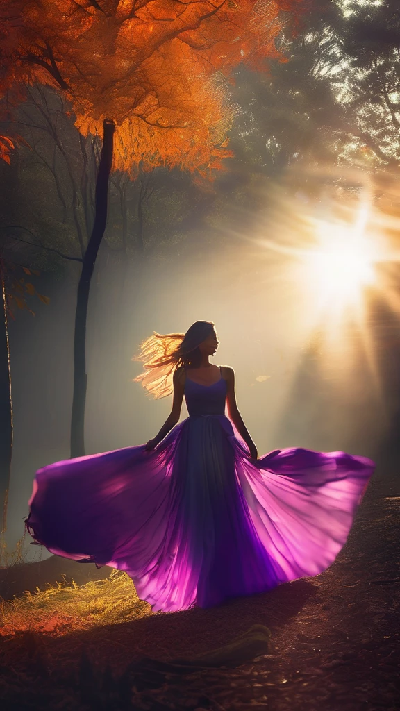 (best qualityer,4K,8k,highres,master part:1.2),ultra detali,(Realistic,photorrealistic,photo-realistic:1.37),Female silhouette dancing,Forest at dusk, purple hues, Orange tones, mysterious atmosphere, Ethereal, enchanting, graceful movements, Flowing dress, smooth light, Sunlight at night filtering through the trees, magical ambiance, tranquillity