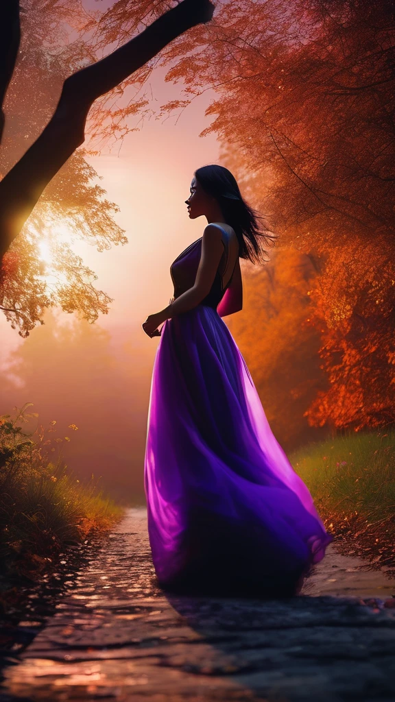 (best qualityer,4K,8k,highres,master part:1.2),ultra detali,(Realistic,photorrealistic,photo-realistic:1.37),Female silhouette dancing,Forest at dusk, purple hues, Orange tones, mysterious atmosphere, Ethereal, enchanting, graceful movements, Flowing dress, smooth light, Sunlight at night filtering through the trees, magical ambiance, tranquillity