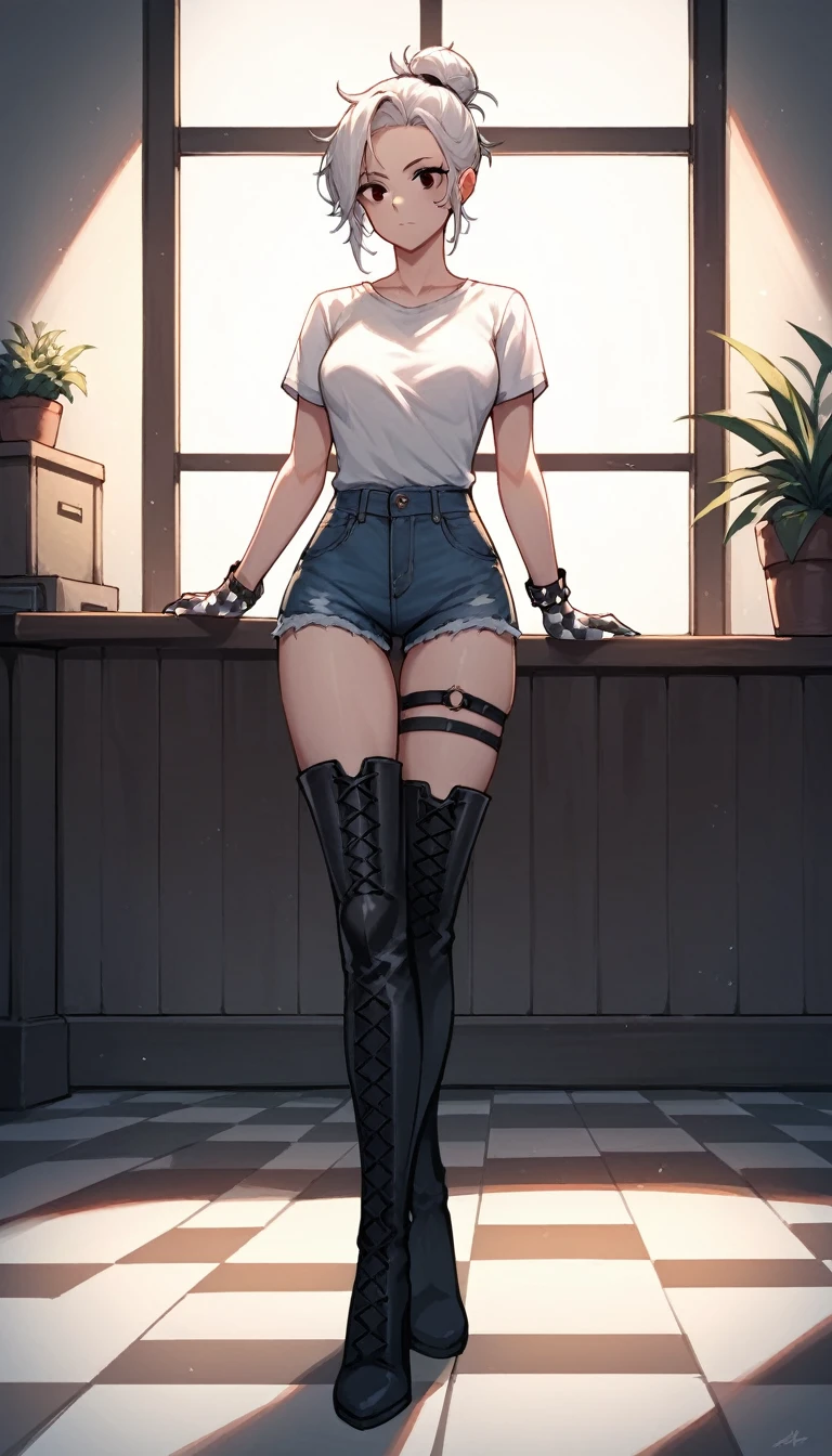 score_9, score_8_up, score_7_up, score_6_up, score_5_up, score_4_up, source_anime, 1woman, worth, posing in front of the audience, fix your hair, Standing in the back, facing the viewer, white hair, hair bun, black eyes, crossed legs, messy hair, white shirt, jeans shorts, leather bracelet, checkered gloves, thigh boots, evening, hip strap, windows, floor, rooms, best quality, best res, 4K UHD,
 