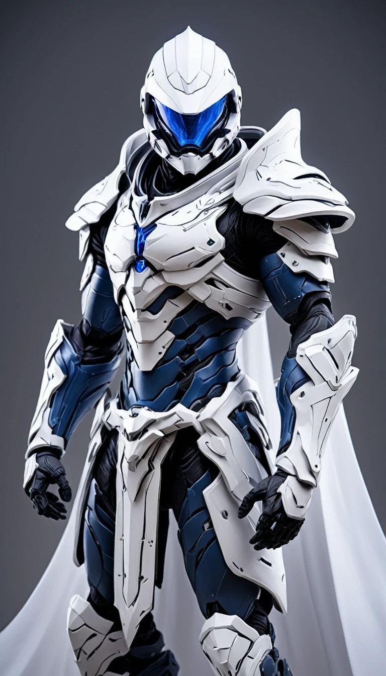 Masterpieces, Holy White Knight, Action style shot, (Battle Priest in a warframe and halo style armor with a long bow), (white blue and silver color scheme), (white hood and cape), (action shot: drawing bow), (quiver on back), white and blue tabard (solid color background), centered, full body shot fighting, (dynamic action stance pose), sci-fi knight, Halo master chief, vibrant colors, visible figure joints, cinematic shot, volumetric lighting, intricate pattern detail, highly detailed