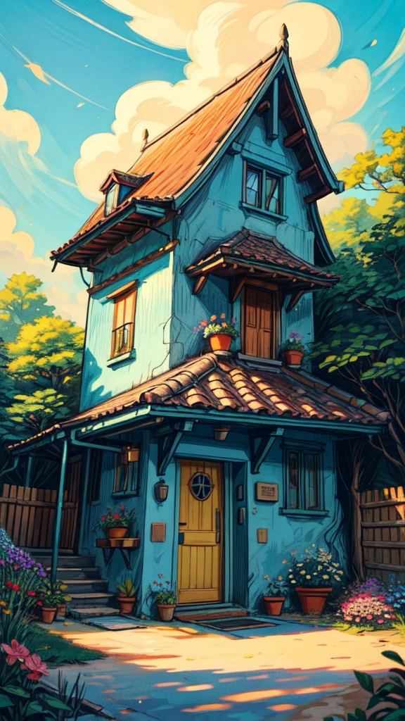 wide view,blue wooden house, beach, covered with flowers, beautiful, flowers in pots, stairs, decorations, flowers and trees in foreground, vibrant tones, evening time, thick lines, cozy tones, beautiful sky, big yellow door, ghibli style, outdoors, cozy atmosphere, micro landscape, intrinsic details a girl standing on front of door 