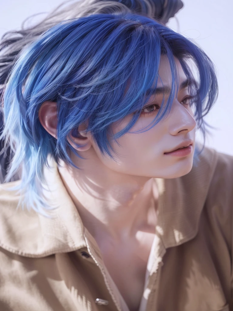 um close de uma pessoa with blue hair e um casaco de pele, cai xukun, yanjun chengt, Ulzzang spacious, hyper realisitic anime, xqc, 8k!, from final fantasy, sakimichan, with blue hair, with blue skin, smooth blue skin, photorealisitic anime, messy blue hair, realisitic. cheng yi
