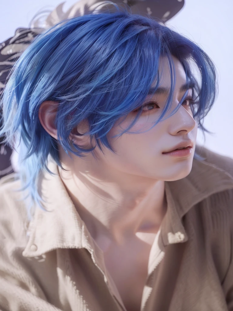 um close de uma pessoa with blue hair e um casaco de pele, cai xukun, yanjun chengt, Ulzzang spacious, hyper realisitic anime, xqc, 8k!, from final fantasy, sakimichan, with blue hair, with blue skin, smooth blue skin, photorealisitic anime, messy blue hair, realisitic. cheng yi