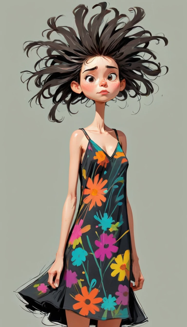(((Exaggerated digital character sketches:1.37,Matchstick Men))).(1. Little Girl,(Exaggerated expression,Exaggerated hairstyle),Messy hair),(Black sketch lines,Loose brushstrokes create the outline,Cartoon Style. Bright colors and simplified lines, sketch)。(Exaggerated body movements,Floral slip dress),(Large area of blank)
