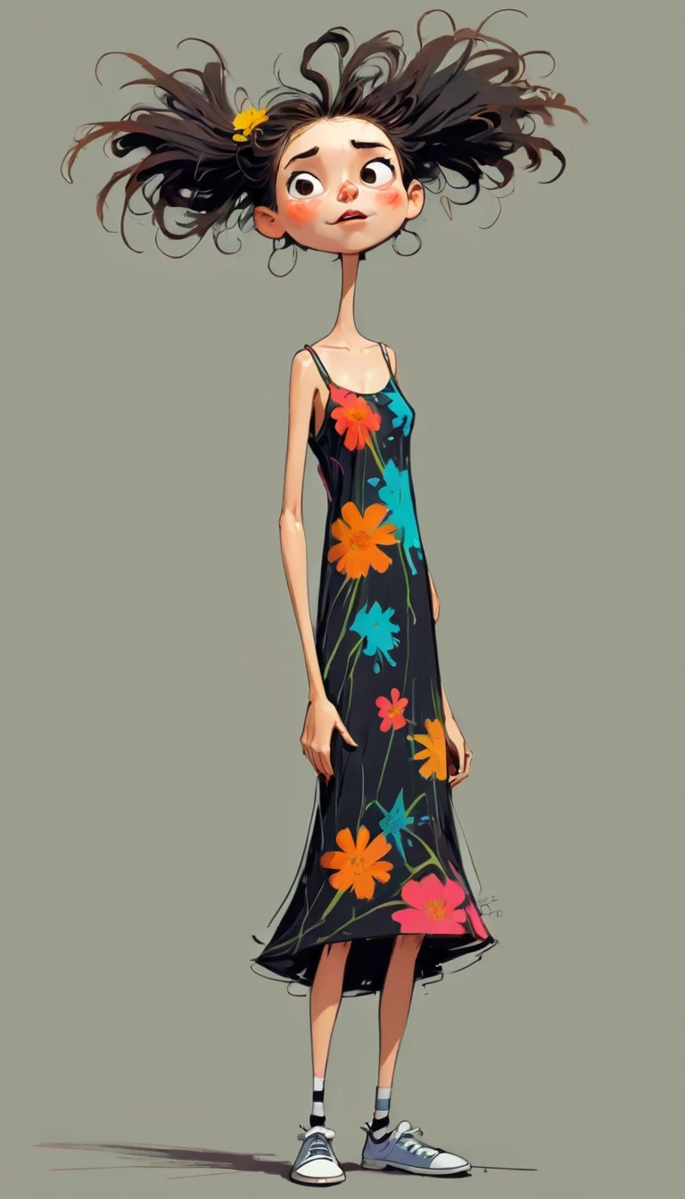 (((Exaggerated digital character sketches:1.37,Matchstick Men))).(1. Little Girl,(Exaggerated expression,Exaggerated hairstyle),Messy hair),(Black sketch lines,Loose brushstrokes create the outline,Cartoon Style. Bright colors and simplified lines, sketch)。(Exaggerated body movements,Floral slip dress),(Large area of blank)