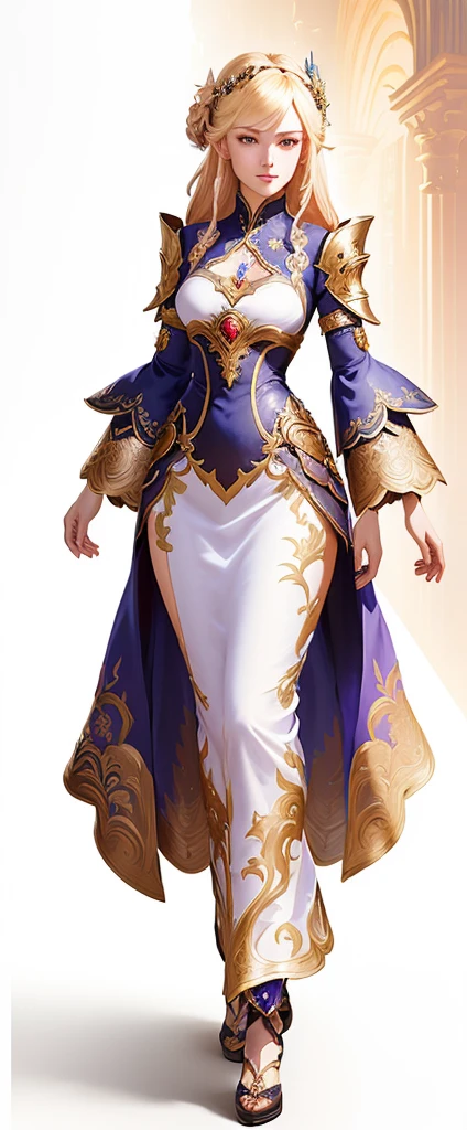 a woman in dress, ornate attire, genshin impact character, full body details, Jean from genshin impact, rpg portrait full body, cushart krenz key art feminine, full body sprite, full portrait of elementalist, taliyah, long dress, blond hair, blue eyes,