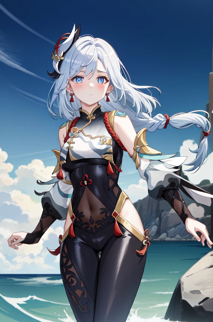 sinking river(Genshin Impact), Tassel, Hip vents, Braidinged ponytail, One girl, View your viewers、blue eyes, Braiding, hair ornaments, jewelry, Grey Hair, alone, Gray Hair, gloves, Long Hair, Earrings, Bodysuits, Chest curtain, black Bodysuits, black gloves, Covered navel、blush