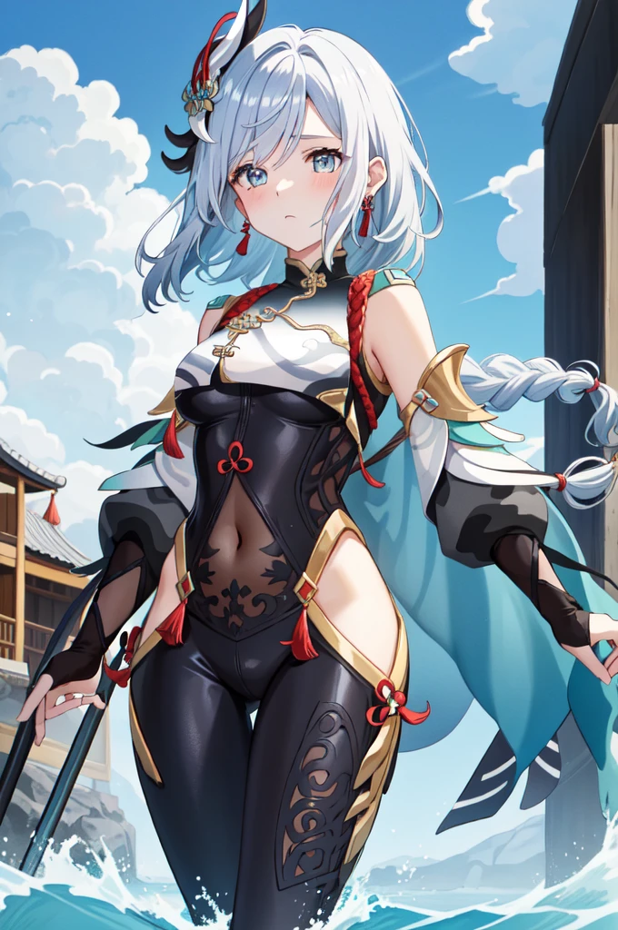 sinking river(Genshin Impact), Tassel, Hip vents, Braidinged ponytail, One girl, View your viewers、blue eyes, Braiding, hair ornaments, jewelry, Grey Hair, alone, Gray Hair, gloves, Long Hair, Earrings, Bodysuits, Chest curtain, black Bodysuits, black gloves, Covered navel、blush