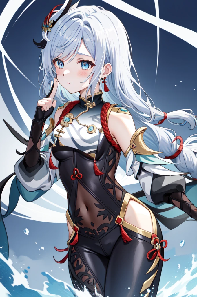 sinking river(Genshin Impact), Tassel, Hip vents, Braidinged ponytail, One girl, View your viewers、blue eyes, Braiding, hair ornaments, jewelry, Grey Hair, alone, Gray Hair, gloves, Long Hair, Earrings, Bodysuits, Chest curtain, black Bodysuits, black gloves, Covered navel、blush
