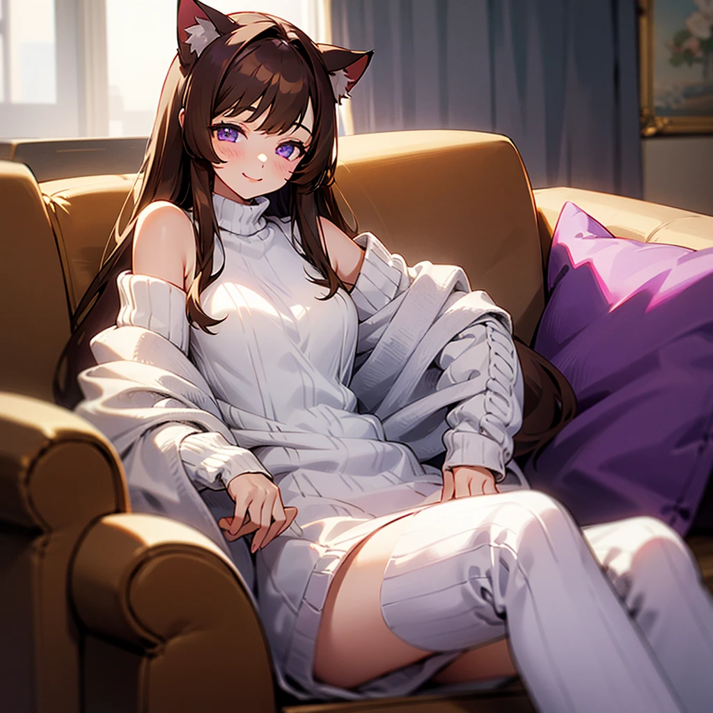 1girl, cat ears, a white open shoulder sweater, long brown hair, purple eyes, smiling, in a living room