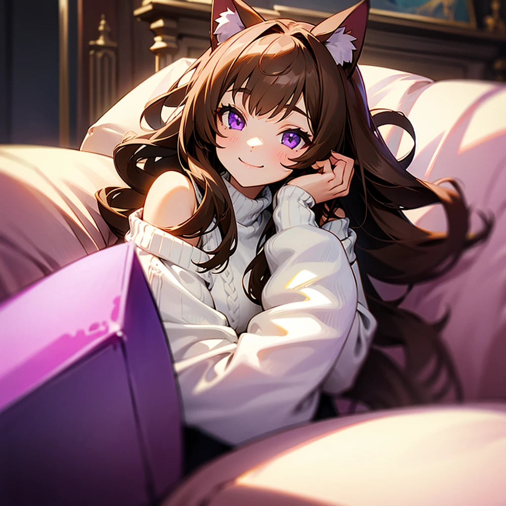 1girl, cat ears, a white open shoulder sweater, long brown hair, purple eyes, smiling, in a living room