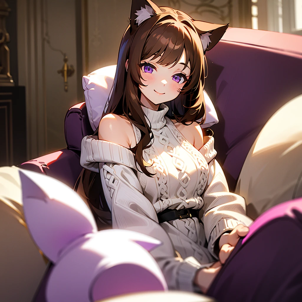 1girl, cat ears, a white open shoulder sweater, long brown hair, purple eyes, smiling, in a living room