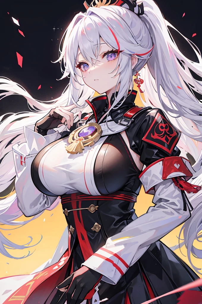 Prinz Eugen、Yae Miko、
Right eye is yellow、Purple left eye、White Hair、
Highest quality、Highly refined、Super detailed、Sparkling Eyes、
Ultra-high resolution、Ultra HD、masterpiece、Detailed hands、
One woman、Only one person、solo、
uniform、Slit leather skirt、
Long coat、Sleeves of priestess clothes、
Leather clothing、
Ahoge、messy hair、Super long hair、
ponytail、
Saggy breasts、Long Breasts、Big Breasts、