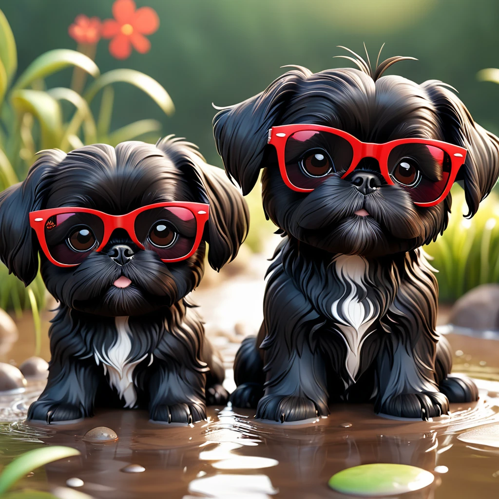 2 Adorable small black Shih Tzu puppies red sunglasses muddy 3d cartoon 3d render disney pixar style