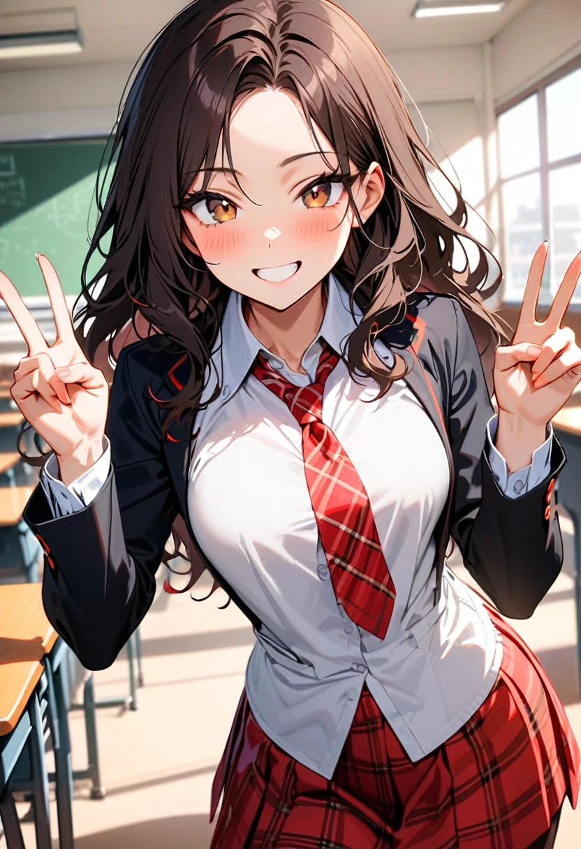 (masterpiece, best quality:1.3), A young woman, 19-years-old, average height, slender figure, solo, Korean, (long black wavy hair that's parted in the middle, no bangs:1.2), brown eyes, (black blazer, white shirt, red plaid necktie, red pleated skirt, black pantyhose:1.1), playful smile, cheerful, mature face, classroom, holding up a v-sign, upper body, looking at viewer