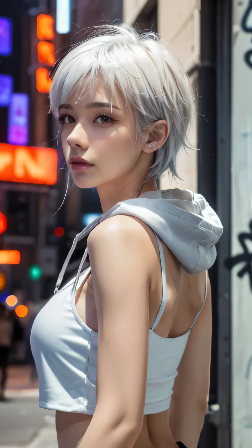 masterpiece, Highest quality, Very detailed, 8k, Realistic, One Girl, alone, Tomboy, Very detailed face, (head shot:1.5), Standing in front of a wall covered in hip hop graffiti, Cyberpunk neon cityscape,Pixie cut white hair, She is wearing a short neon tank top and an open hoodie....,I can see your chest,Nice ass,Wear a New Era cap